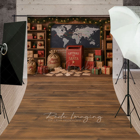 Lofaris Christmas Mailroom Sweep Backdrop Santa’s Workshop with Letters and Packages Holiday Photo Studio Floor Drop