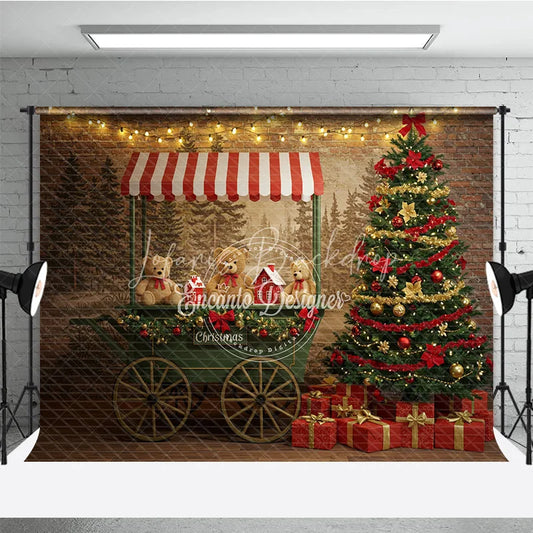 Lofaris Christmas Market Cart Photography Backdrop Teddy Bears and String Lights Rustic Holiday Mini Session Background