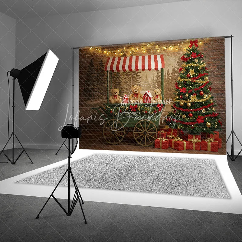 Lofaris Christmas Market Cart Photography Backdrop Teddy Bears and String Lights Rustic Holiday Mini Session Background