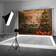 Lofaris Christmas Market Cart Photography Backdrop Teddy Bears and String Lights Rustic Holiday Mini Session Background