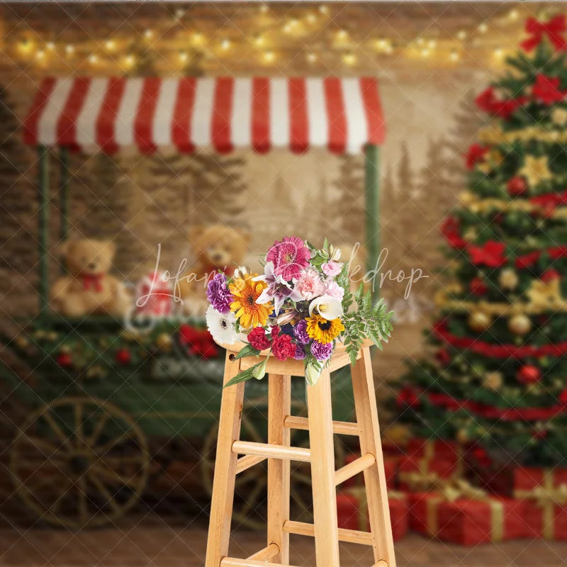 Lofaris Christmas Market Cart Photography Backdrop Teddy Bears and String Lights Rustic Holiday Mini Session Background