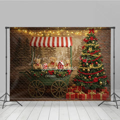Lofaris Christmas Market Cart Photography Backdrop Teddy Bears and String Lights Rustic Holiday Mini Session Background