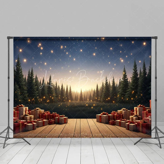 Lofaris Christmas Night Backdrop Wooden Stage Forest Photography Background Glowing Lights Gift Boxes Holiday Party Decoration