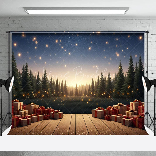 Lofaris Christmas Night Backdrop Wooden Stage Forest Photography Background Glowing Lights Gift Boxes Holiday Party Decoration