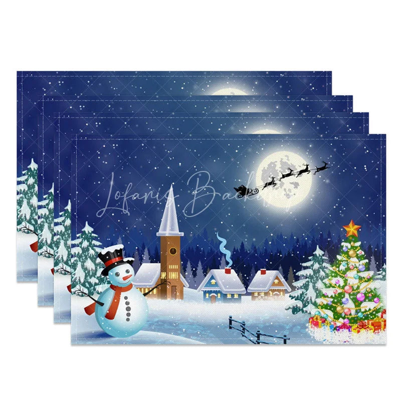 Lofaris Christmas Night Set of 4 Placemats Snowy Village with Snowman Santa Sleigh Winter Scene Table Mats