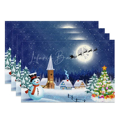 Lofaris Christmas Night Set of 4 Placemats Snowy Village with Snowman Santa Sleigh Winter Scene Table Mats