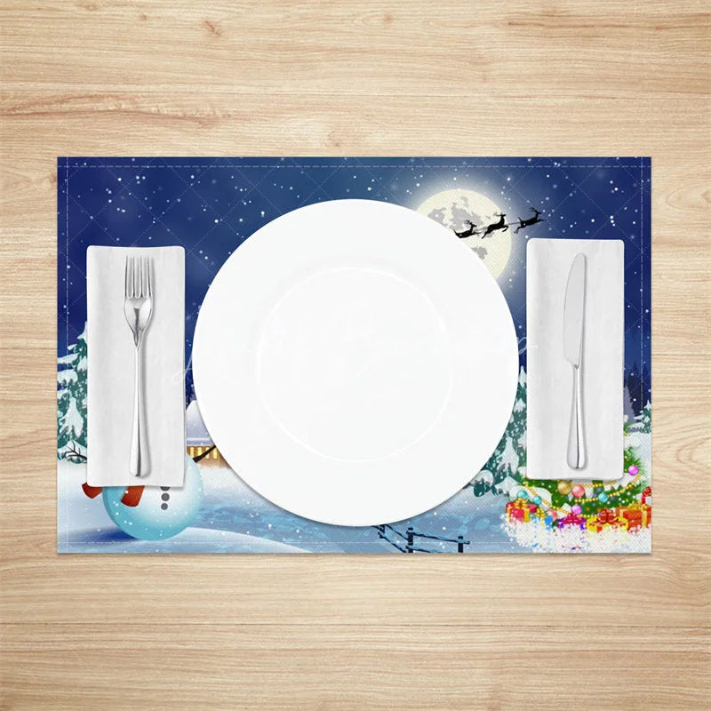 Lofaris Christmas Night Set of 4 Placemats Snowy Village with Snowman Santa Sleigh Winter Scene Table Mats