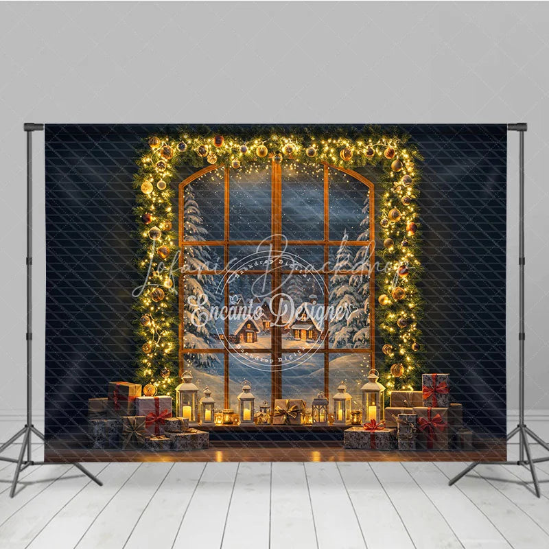Lofaris Christmas Night Window Photography Backdrop Snowy Village View with Garland Cozy Holiday Mini Session Background