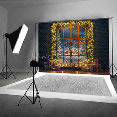 Lofaris Christmas Night Window Photography Backdrop Snowy Village View with Garland Cozy Holiday Mini Session Background