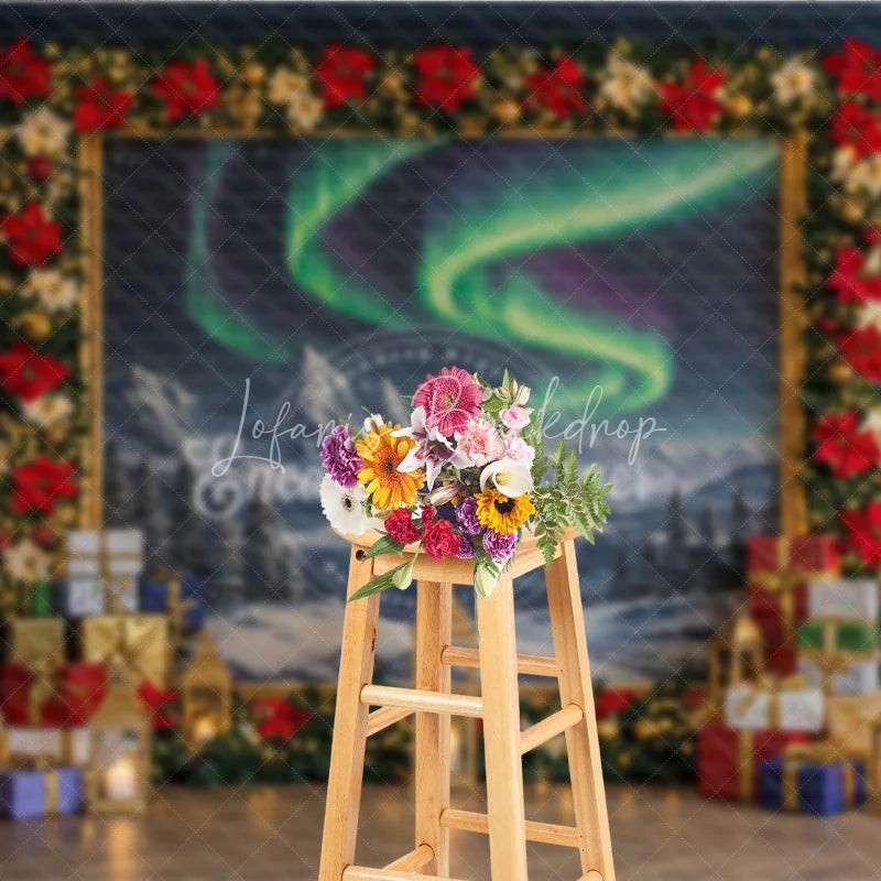 Lofaris Christmas Northern Lights Photography Backdrop Aurora Borealis Painting with Poinsettias Holiday Photo Background
