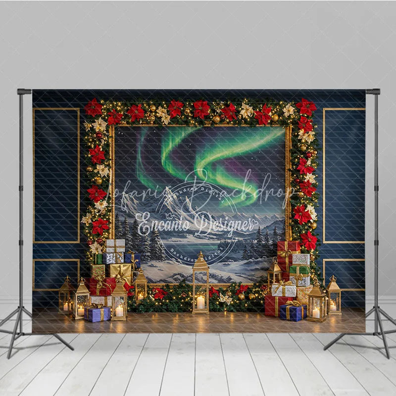 Lofaris Christmas Northern Lights Photography Backdrop Aurora Borealis Painting with Poinsettias Holiday Photo Background