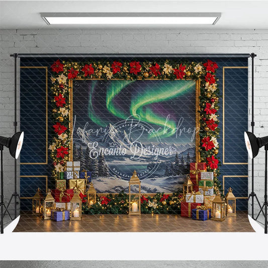 Lofaris Christmas Northern Lights Photography Backdrop Aurora Borealis Painting with Poinsettias Holiday Photo Background