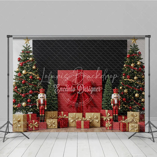 Lofaris Christmas Nutcracker Photography Backdrop Giant Red Present with Trees Holiday Mini Session Background