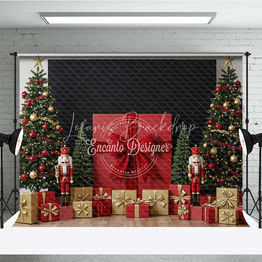 Lofaris Christmas Nutcracker Photography Backdrop Giant Red Present with Trees Holiday Mini Session Background