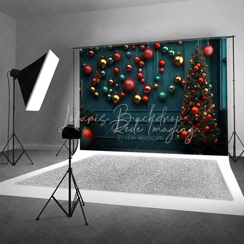 Lofaris Christmas Ornaments Backdrop Dark Teal Wall Hanging Red Gold Baubles Tree Photo Background
