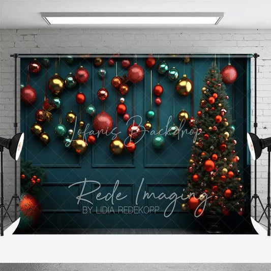 Lofaris Christmas Ornaments Backdrop Dark Teal Wall Hanging Red Gold Baubles Tree Photo Background