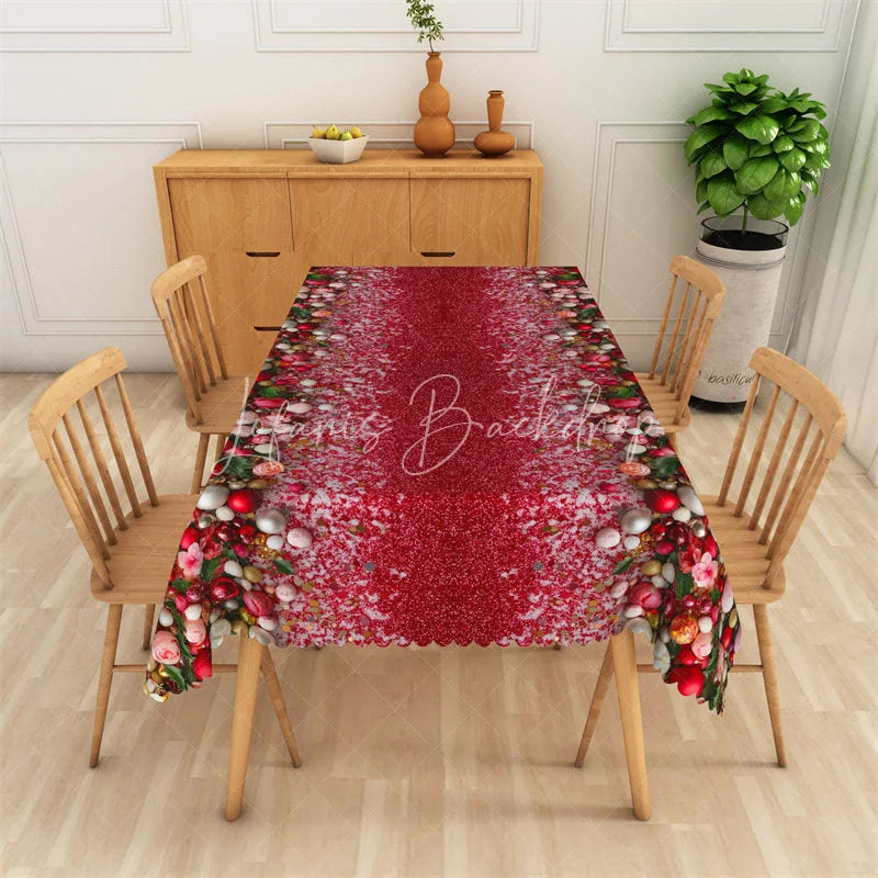Lofaris Christmas Ornaments Rectangle Tablecloth Red Glitter with Floral Border Elegant Holiday Table Cover