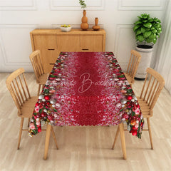 Lofaris Christmas Ornaments Rectangle Tablecloth Red Glitter with Floral Border Elegant Holiday Table Cover