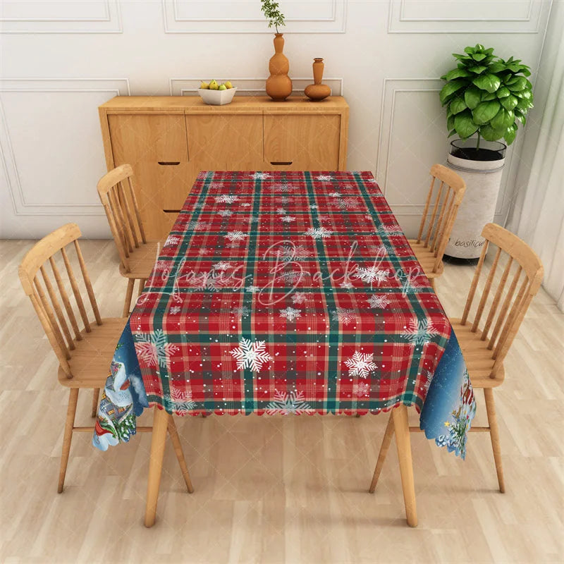 Lofaris Christmas Plaid Rectangle Tablecloth Red Green Tartan with Snowman Snowflake Holiday Table Cover