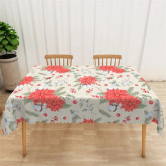 Lofaris Christmas Poinsettia Rectangle Tablecloth Beige with Red Flowers White Birds Holiday Table Cover
