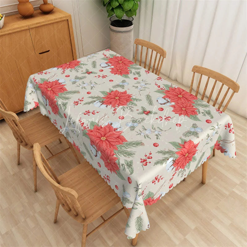 Lofaris Christmas Poinsettia Rectangle Tablecloth Beige with Red Flowers White Birds Holiday Table Cover