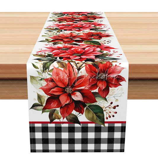 Lofaris Christmas Poinsettia with Black Buffalo Plaid Table Runner Red Floral Farmhouse Holiday Decor