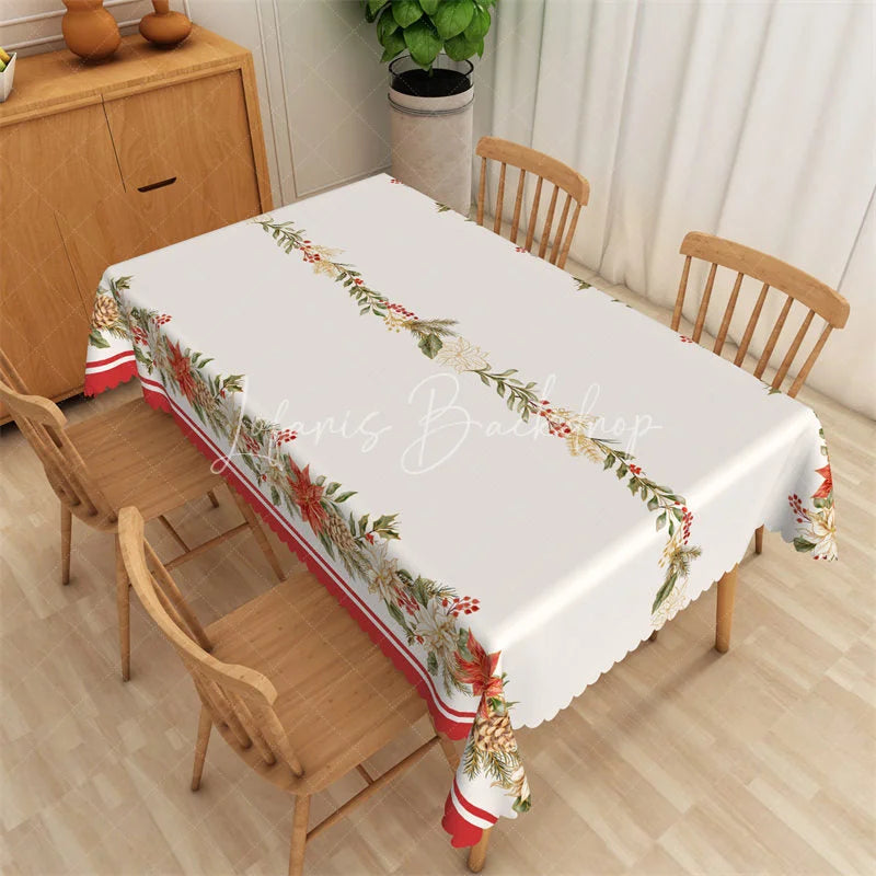Lofaris Christmas Rectangle Tablecloth White with Poinsettia Garland Elegant Holiday Table Cover Decor