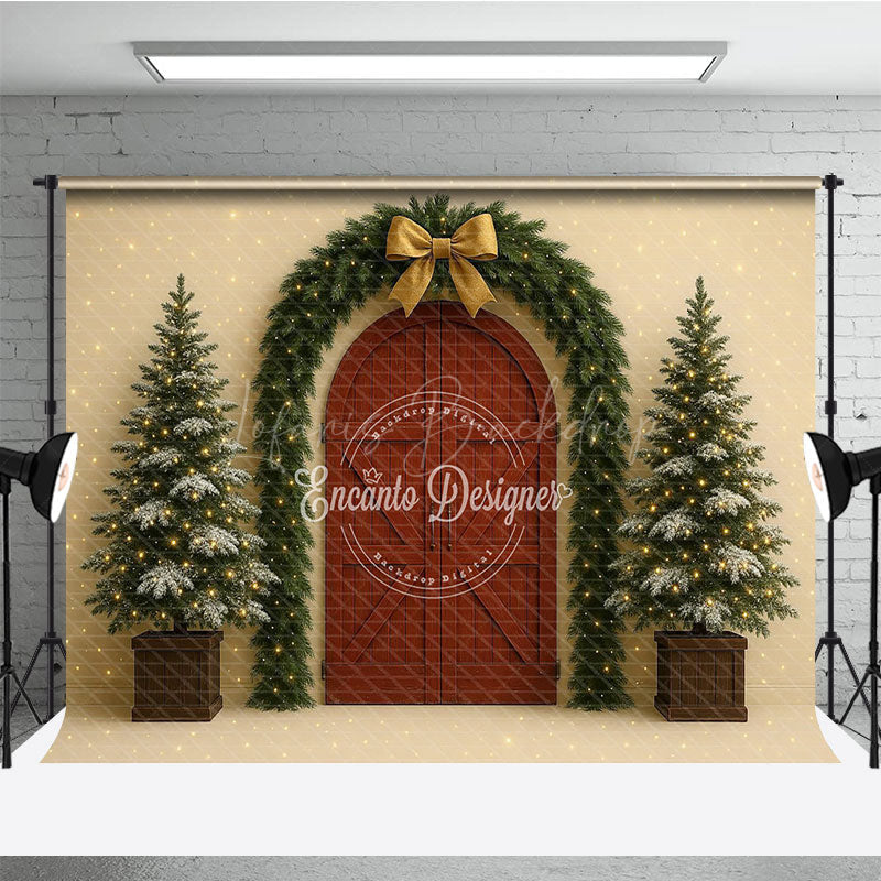 Lofaris Christmas Red Barn Door Photography Backdrop Rustic Garland Arch with Trees Farmhouse Holiday Photo Background