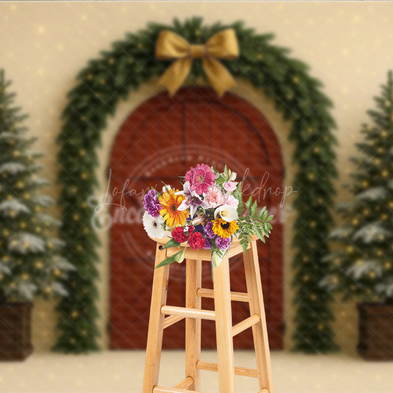 Lofaris Christmas Red Barn Door Photography Backdrop Rustic Garland Arch with Trees Farmhouse Holiday Photo Background