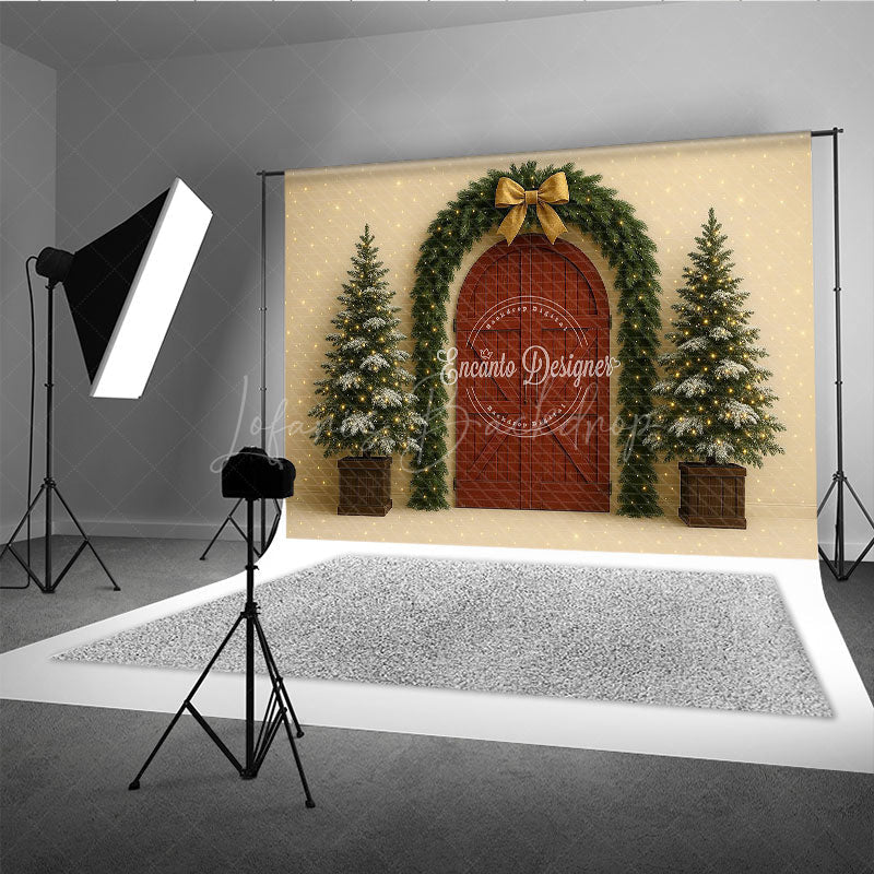 Lofaris Christmas Red Barn Door Photography Backdrop Rustic Garland Arch with Trees Farmhouse Holiday Photo Background