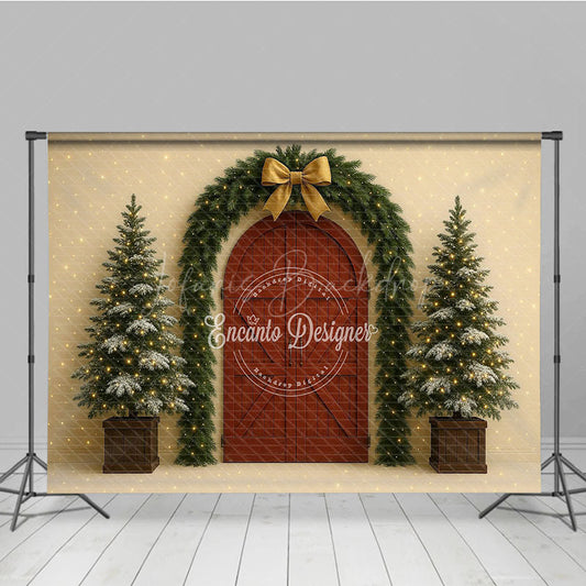 Lofaris Christmas Red Barn Door Photography Backdrop Rustic Garland Arch with Trees Farmhouse Holiday Photo Background