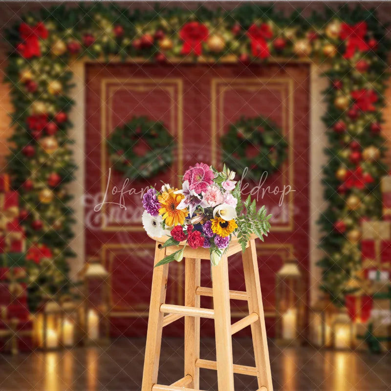 Lofaris Christmas Red Door Photography Backdrop Brick Wall with Garland and Presents Holiday Mini Session Background