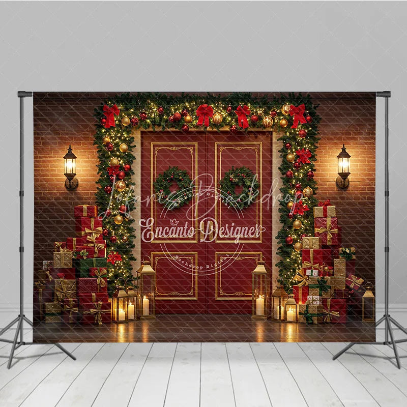 Lofaris Christmas Red Door Photography Backdrop Brick Wall with Garland and Presents Holiday Mini Session Background