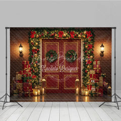 Lofaris Christmas Red Door Photography Backdrop Brick Wall with Garland and Presents Holiday Mini Session Background