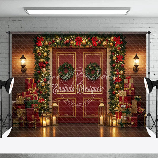 Lofaris Christmas Red Door Photography Backdrop Brick Wall with Garland and Presents Holiday Mini Session Background