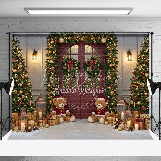 Lofaris Christmas Red Door Photography Backdrop Teddy Bears in the Snow with Garland Holiday Mini Session Background