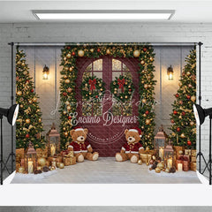 Lofaris Christmas Red Door Photography Backdrop Teddy Bears in the Snow with Garland Holiday Mini Session Background
