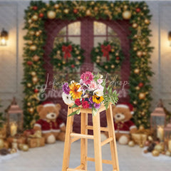 Lofaris Christmas Red Door Photography Backdrop Teddy Bears in the Snow with Garland Holiday Mini Session Background