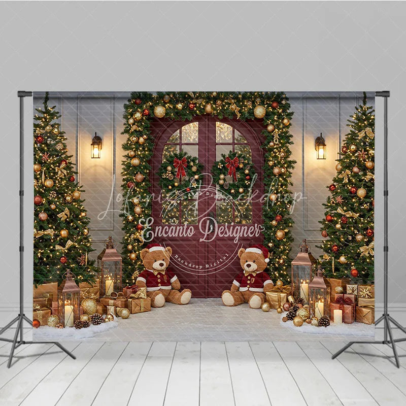 Lofaris Christmas Red Door Photography Backdrop Teddy Bears in the Snow with Garland Holiday Mini Session Background