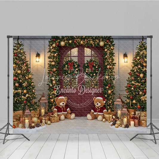 Lofaris Christmas Red Door Photography Backdrop Teddy Bears in the Snow with Garland Holiday Mini Session Background
