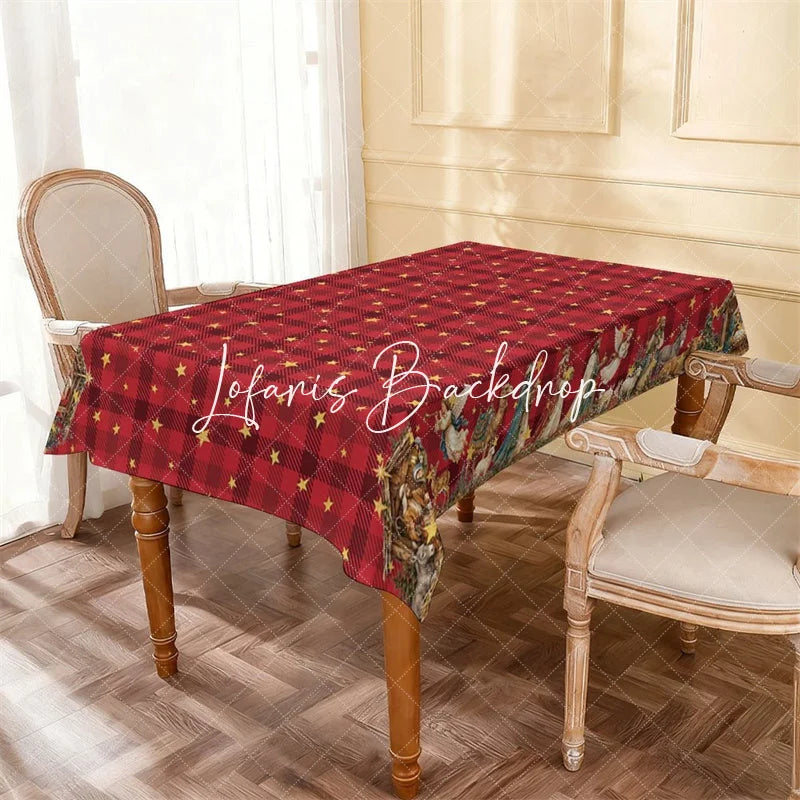 Lofaris Christmas Red Plaid Golden Stars Rectangle Tablecloth Nativity Scene Holiday Dinner Party Decor