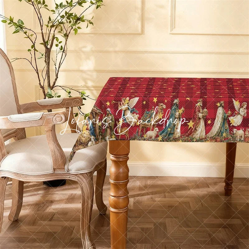 Lofaris Christmas Red Plaid Golden Stars Rectangle Tablecloth Nativity Scene Holiday Dinner Party Decor