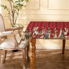 Lofaris Christmas Red Plaid Golden Stars Rectangle Tablecloth Nativity Scene Holiday Dinner Party Decor