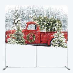 Lofaris Christmas Red Truck Tension Fabric Backdrop Snowy Forest Tree Decor Winter Holiday Theme Background for Party