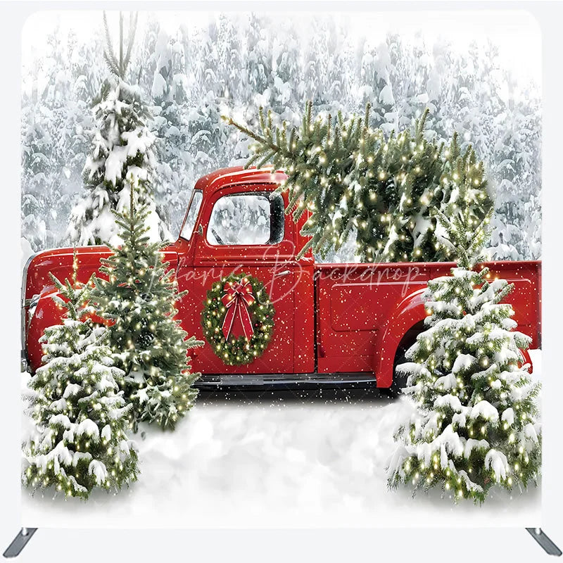 Lofaris Christmas Red Truck Tension Fabric Backdrop Snowy Forest Tree Decor Winter Holiday Theme Background for Party