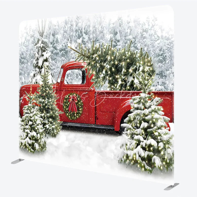 Lofaris Christmas Red Truck Tension Fabric Backdrop Snowy Forest Tree Decor Winter Holiday Theme Background for Party