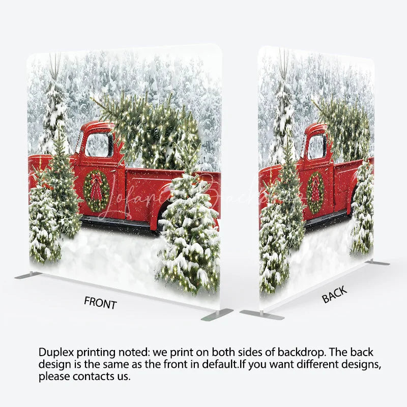Lofaris Christmas Red Truck Tension Fabric Backdrop Snowy Forest Tree Decor Winter Holiday Theme Background for Party