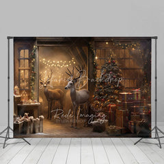Lofaris Christmas Reindeer Barn Room Set Backdrop Rustic Vintage Interior Tree Wood Floor Photography Prop