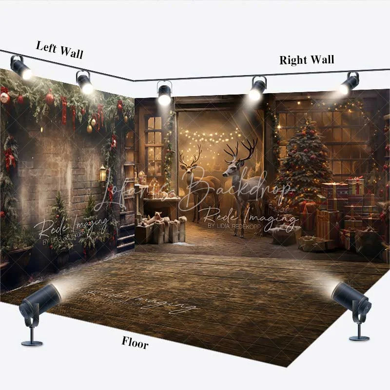 Lofaris Christmas Reindeer Barn Room Set Backdrop Rustic Vintage Interior Tree Wood Floor Photography Prop