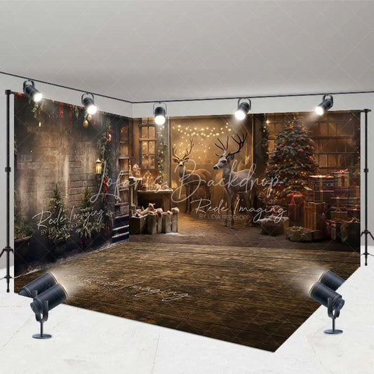 Lofaris Christmas Reindeer Barn Room Set Backdrop Rustic Vintage Interior Tree Wood Floor Photography Prop